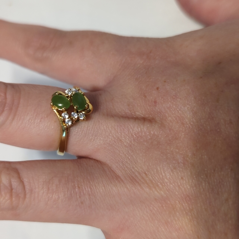 Matte Green Nephrite And CZ Gold Tone Ring - Sz 10.75 - Picture 7 of 10